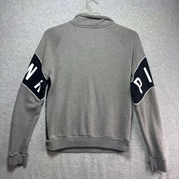 Victorias Secret PINK Pullover Sweater Medium Black Gray White 1/4 Zip Pocket - Picture 2 of 7